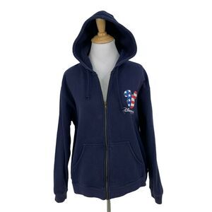 Vintage Disneyland Resort Hoodie Womens M Medium Blue Full Zip Cotton USA Flag